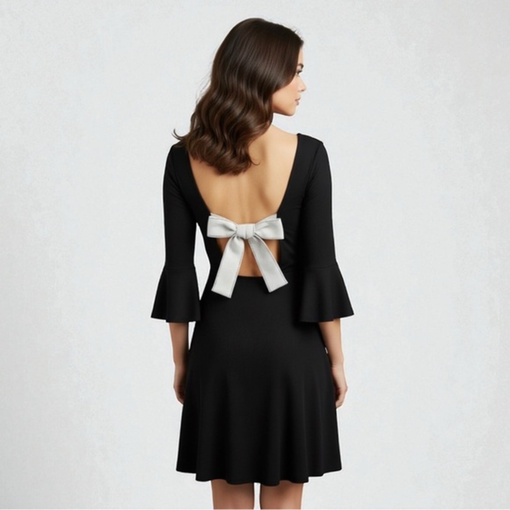 Timing Open Back Bow Skater Dress Bell Sleeve Ribbed Cocktail Party Mini Black L